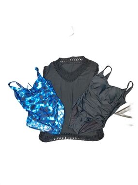 Two Women's Suze 14 One-Piece Swimsuits Black & Blue Tie-dye With Black Cover-up